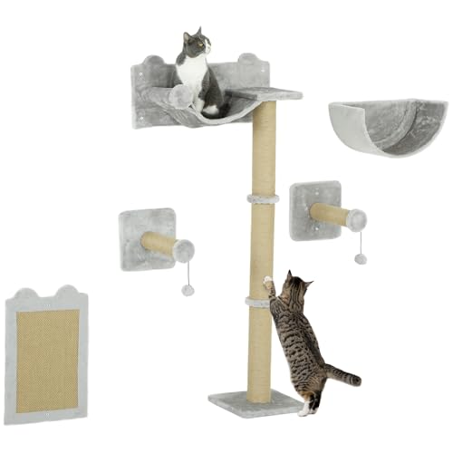 PawHut Katzen Kletterwand 5 TLG. Klettern Katzenkratzbaum mit Kratzpfosten, Hängematte, Sprungplatt, Wandkratzbaum, Wand Katzenmöbel für Katzen bis 5 kg, Polyester, Hellgrau von PawHut