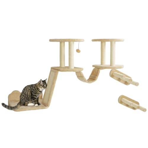 PawHut Katzen Kletterwand Set, 3-teilig Katzenmöbel mit Kratzbaum, Sitzstangen, Leiter, Stufen, Kratzbrett, für Katzen bis 5 kg, Sisal, Beige von PawHut