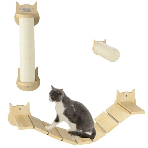 PawHut Katzen Kletterwand Set, 3-teilig Katzenmöbel mit Kratzbaum, Trittplatte, Leiter, Wandkratzbaum für Katzen bis 5 kg, aus Kiefernholz, Naturholz von PawHut