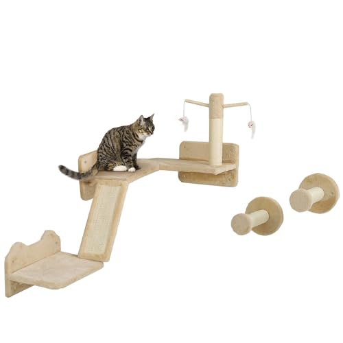 PawHut Katzen Kletterwand Set, 3-teilig Katzenmöbel mit Kratzbrett, Sprungplatten, Kratzstamm, Spielball, für Katzen bis 5 kg, Sisal, Beige von PawHut