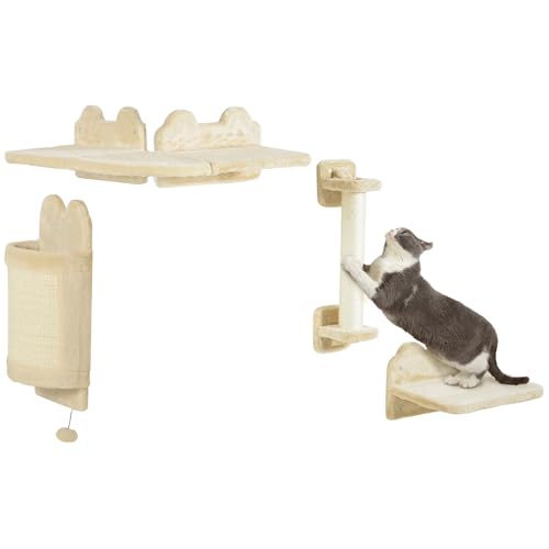 PawHut Katzen Kletterwand Set, 4-teilig Katzenmöbel mit Sitzplattform, Eckplattform, Spielball und Bogen-Kratzbrett, für Katzen bis 5 kg, Plüsch, Beige von PawHut