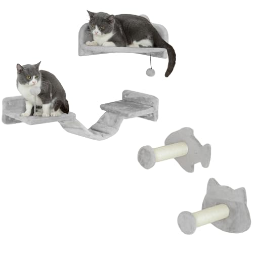 PawHut Katzen Kletterwand Set, 4-teilig Katzenmöbel mit Stufen, Leiter, Sprungtürmen, Kratzbäumen, Spielball, Sisal, für Katzen bis 5 kg, Hellgrau von PawHut