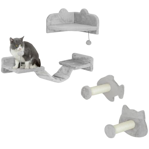 PawHut Katzen Kletterwand Set, 4-teilig Katzenmöbel mit Stufen, Leiter, Sprungtürmen, Kratzbäumen, Spielball, Sisal, für Katzen bis 5 kg, Hellgrau von PawHut