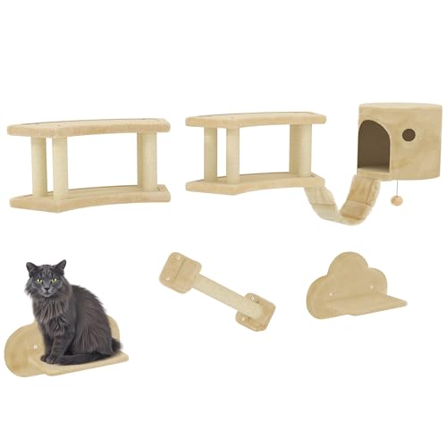 PawHut Katzen Kletterwand Set, 5-teilig Katzenmöbel mit Kratzstamm, Sprungplattformen, Leiter, Haus, Katzen-Wandgerüst, für Katzen bis 5 kg, Plüsch, Beige von PawHut