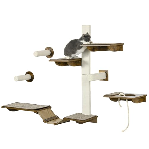 PawHut Katzen Kletterwand Set, 8-teilig Katzenmöbel mit Kratzbäumen, Sitzstangen, Kratzbrett, Katzentreppe, Sisal, Braun von PawHut