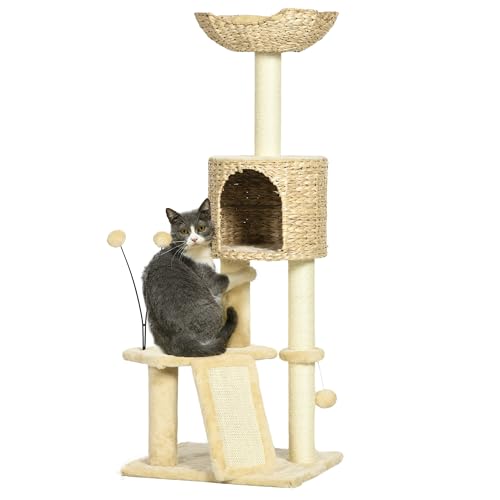 PawHut Katzen Kratzbaum 116 cm Katzenbaum mit Katzenhöhle, Katzenbett, Indoor Kletterturm mit Spielball, Kratzbrett, Plüsch Kratzmöbel für Katzen bis 5 kg, Beige von PawHut