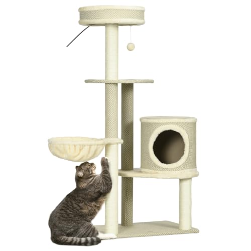 PawHut Katzen Kratzbaum 124 cm Katzenbaum mit Katzenhöhle, Korb, Spielball, Kletterturm mit 2 Liegeflächen, Sisalstämmen, Katzenmöbel für Katzen bis 5 kg von PawHut