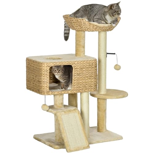 PawHut Katzen Kratzbaum 98 cm Katzenbaum mit 2 Leigefläche, Kratzsäulen, Kletterbaum Spielball, Katzenmöbel mit Katzenhöhle für Katzen bis 6 kg, Sisal, Wasserhyazinthe, Beige von PawHut