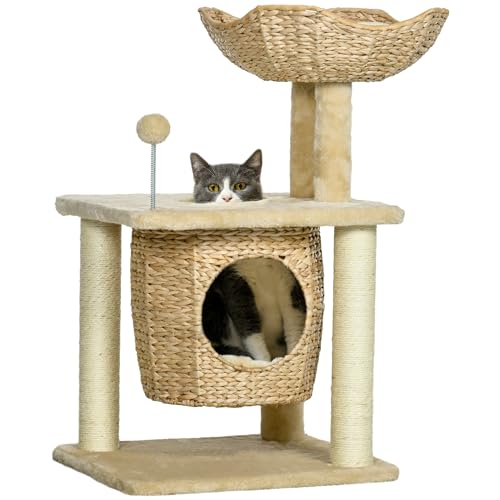 PawHut Katzen Kratzbaum Klein, 74 cm Katzenbaum mit Katzenhöhle, Spielball, Indoor Kletterturm mit Bett, Kratzmöbel für Katzen bis 5 kg, Beige von PawHut