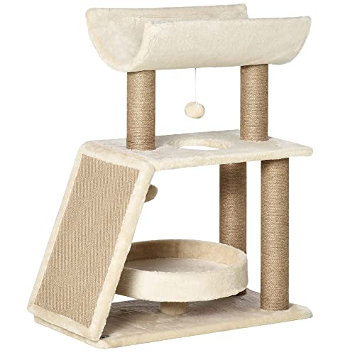 PawHut Katzen Kratzbaum Klein, 76 cm Katzenbaum mit Spielball, Indoor Kratzmöbel mit Kratzbrett, Bett, Sitzplatz, Kletterturm für Katzen bis 5 kg, Hellbraun von PawHut