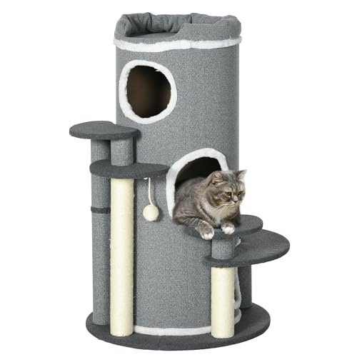 PawHut Katzen Kratztonne 99 cm Spieltonne Kratzbaum Katzenbaum mit Katzenbett, Spielball, Plattformen, Katzenkratzbaum mit 3 Türen, Katzenmöbel, Grau von PawHut