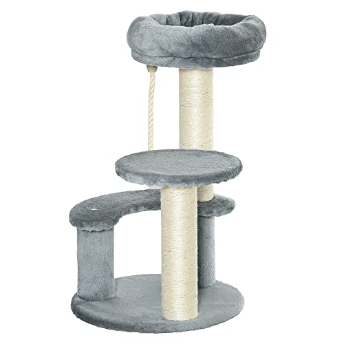 PawHut Katzenbaum Kletterbaum mit Hängematte, 3-Stufiger Spielbaum mit Katzenbett Katzenkratzbaum mit Sitzplattform, Sisalsäulen, Grau Ø40 x H65 cm von PawHut