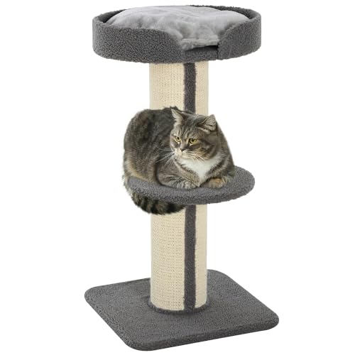 PawHut Kratzbaum klein 91 cm Katzenbaum mit Katzenbett, Katzenkratzbaum Spielbaum Kratzstamm mit Plattform für Katzen bis 5 kg Sisal Lammwolle Grau von PawHut