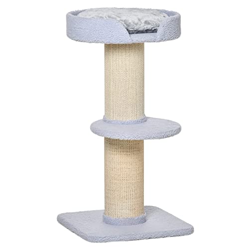 PawHut Katzenbaum Kratzbaum Katzenkratzbaum Spielbaum Kratzstamm mit Plattform Sisal Plüsch Hellblau 45 x 45 x 91 cm von PawHut