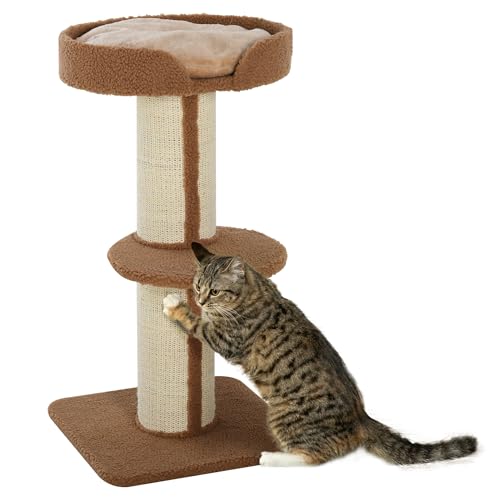 PawHut Katzenbaum Kratzbaum Katzenkratzbaum Spielbaum Kratzstamm mit Plattform Sisal Plüsch Hellbraun 45 x 45 x 91 cm von PawHut