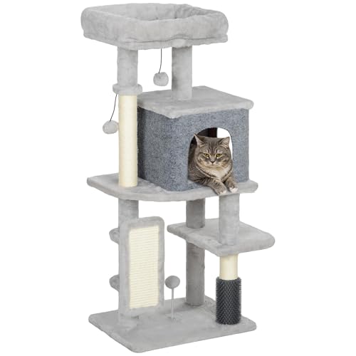 PawHut Katzenbaum Spielturm für Katzen, Höhe 104 cm, mit Kratzmatte, Katzenbett, Katzenhaus, Plattformen, Fellbürste, Spielbälle, Hellgrau von PawHut