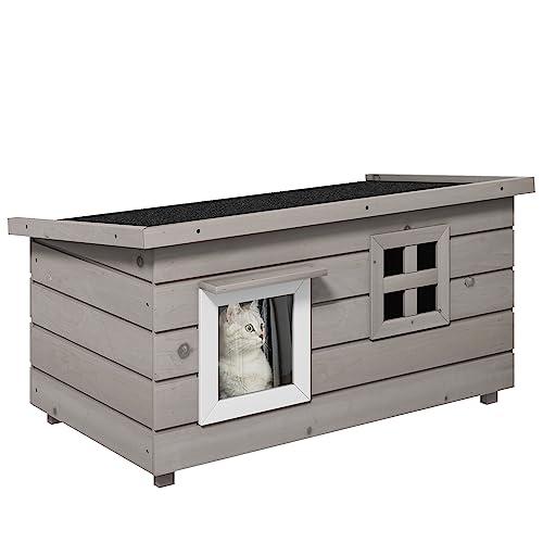 PawHut Katzenhaus Katzenhütte mit Asphaltdach Katzenhöhle Kleintierhaus mit Fenster für Katzen Hunde Outdoor Winterfest Tannenholz Grau Schwarz 87 x 52 x 44 cm von PawHut