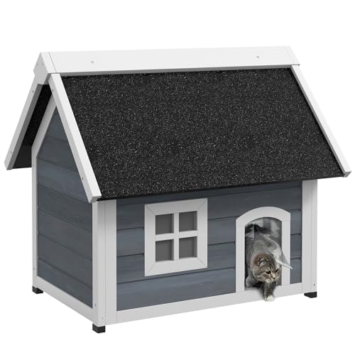 PawHut Katzenhaus Outdoor Katzenhöhle aus Holz, mit Aufklappbar Asphaltdach, Wetterfest Katzenhütte mit Fenster, 3 Türen, 77 x 57,5 x 68 cm, Grau von PawHut