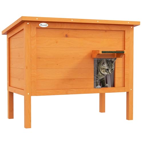 PawHut Katzenhaus aus Holz, Katzenhöhle Outdoor, Isolierte Katzenhütte mit Türvorhang, Kleintierhaus im Erhöhte Design, für Garten, Balkon, Orange, 60 x 60 x 81,5 cm von PawHut