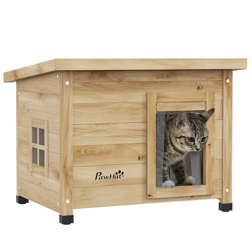 PawHut Katzenhaus aus Holz, Katzenhütte Outdoor, Katzenhöhle mit Türvorhang, Kleintierhaus mit Erhöhtem Design, für Garten, Balkon, Gelb, 57 x 45 x 43 cm von PawHut