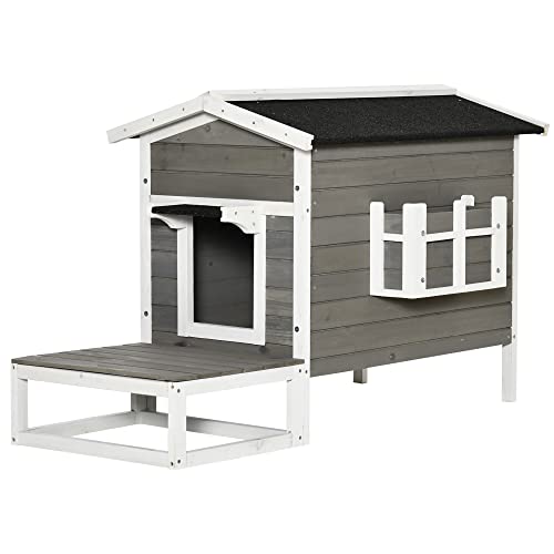 PawHut Katzenhaus aus Holz, Katzenhütte Outdoor Katzenhöhle Kleintierhaus mit Terrasse und Balkon für Katzen Hunde Tannenholz Grau + Weiß 115 x 66,5 x 74,7 cm von PawHut