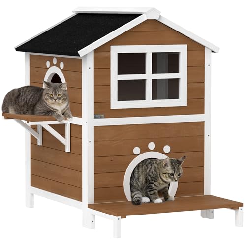 PawHut Katzenhaus aus Holz Katzenhöhle mit Fenster, Balkon, Wetterfest Katzenhütte mit 2 Ebenen, herausnehmbarem Boden, für 1-2 Katzen, Indoor, Outdoor, 66 x 66 x 90 cm, Braun von PawHut