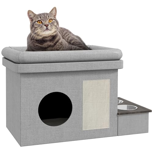 PawHut Katzenhöhle, Katzenhaus, Katzenhütte mit 2 Edelstahlnäpfen, Katzenbett mit Kissen, Kratzmatte, Hundehaus für Katzen und Hunde bis 8 kg, Polyester, 78 x 48 x 49,5 cm, Grau von PawHut