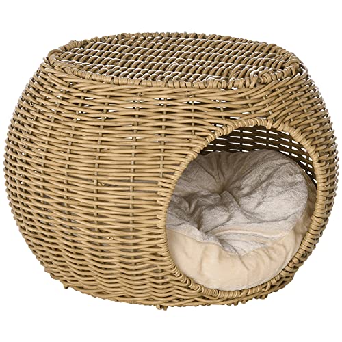 PawHut Katzenhöhle Katzenbett Katzenbett Katzenhöhle Katzenhaus aus Polyrattan Imitation Weiches Kissen Ø 40 x 30 cm Hellbraun von PawHut