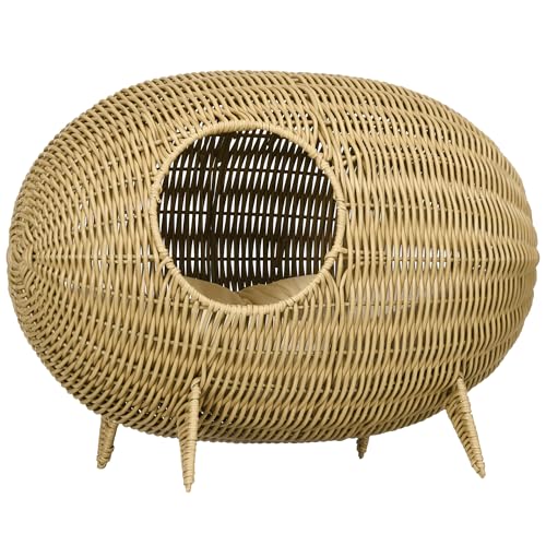 PawHut Katzenhöhle Katzenbett Katzenkorb Katzenhaus aus Polyrattanimitat Katzenhöhle hoher Komfort, Maße: 55 x 36 x 42 cm, weiches Kissen, Beige inklusive von PawHut