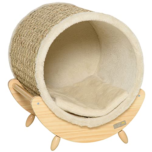 PawHut Katzenhöhle Katzenbett mit Regal Katzenhaus Katzenhütte mit Kratzunterlage Indoor Kiefernholz Flanell Khaki+Natur+Beige 41 x 38 x 43 cm von PawHut