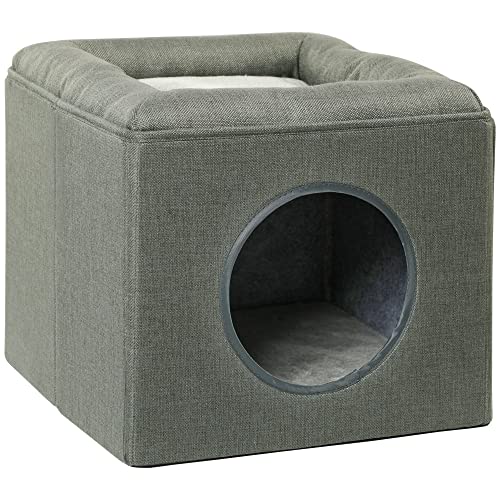 PawHut Katzenhöhle Katzenhütte, Katzenhaus mit 2 Ebenen, Katzenbett mit Kissen, Hundehaus für Katzen bis 5 kg, 36,5 x 36,5 x 33 cm, Grün von PawHut