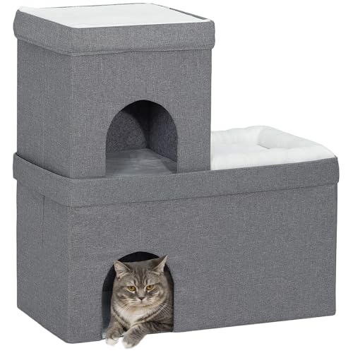 PawHut Katzenhöhle Katzenhütte, Katzenhaus mit 3 Ebenen, Katzenbett mit Kissen, Hundehaus für Katzen bis 5 kg, 74 x 37,5 x 78,5 cm, Grau von PawHut