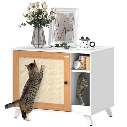 PawHut Katzenklo Katzenklo mit Tür mit Kratzmatte und Katzenstreu Fach für Wohnzimmer Schlafzimmer 77x50x63 cm Weiß von PawHut