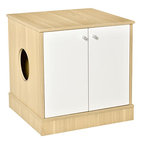 PawHut Katzenklo mit 2 Türen und herausnehmbarem Holzregal, 60x55x62,5cm, weiß und holzfarben von PawHut