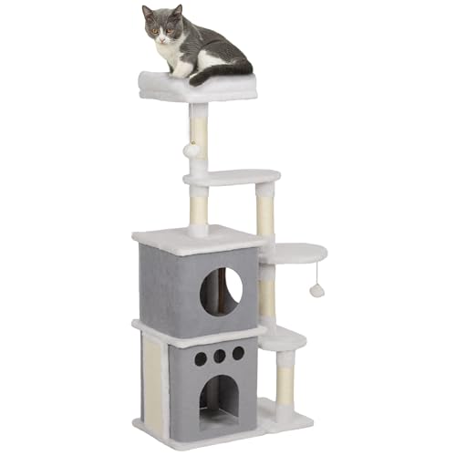 PawHut Katzenkratzbaum 126 cm Katzenkratzturm Katzenkratzbaum mit Nistplattformen, hängenden Bällen und Sisalpfosten Creme von PawHut