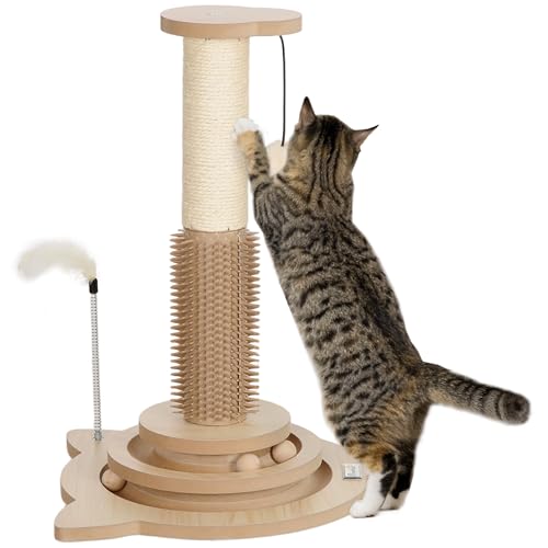 PawHut Katzenkratzbaum 49 cm Sisal Katzenkratzbaum Sisalbürste Schwenkbare Schiene mit Spielbällen Elastische Feder und Spielzeugball Eiche von PawHut