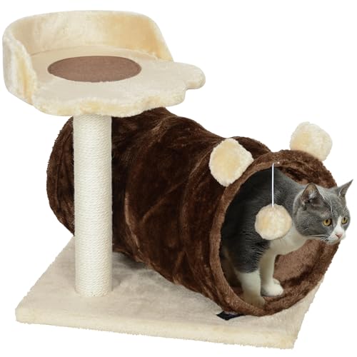 PawHut Katzenkratzbaum Höhe 47 cm Katzenkratzbaum Katzenturm mit Nest Tunnel Plattformen Spielzeug Ball und Jutepfosten Dunkelbraun von PawHut