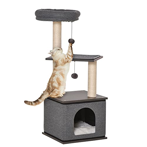 PawHut Katzenkratzbaum Katzenspielzeug Kletterbaum Spielmöglichkeiten Spielsisal Spielseil PB-Platte Sisal Dunkelgrau 40 x 40 x 104 cm von PawHut