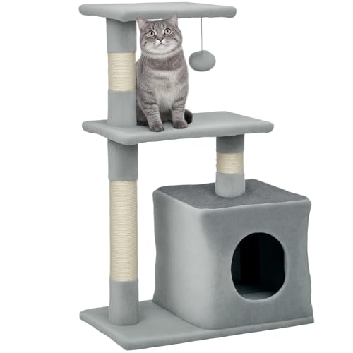 PawHut Katzenkratzbaum mit Haus, 2 Plattformen und Spielzeugball, Spanplatte, Sisal und Plüsch Kratzbaum, 50x30x81,5 cm, grau PawHut Katzenkratzbaum mit Haus, 2 Plattformen und Spielzeugball, Spanplatte, Sisal und Plüsch Kratzbaum, 50x30x81,5 cm, grau von PawHut