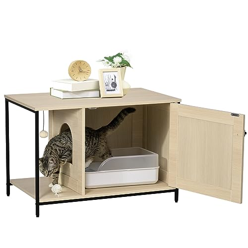 PawHut Katzenschrank für Katzentoilette, Katzenhaus mit magnetischer Tür, Katzenklo, Katzenhöhle mit Spielball, Beistelltisch, erhöhtes Design, Eiche, 80 x 48 x 55 cm von PawHut