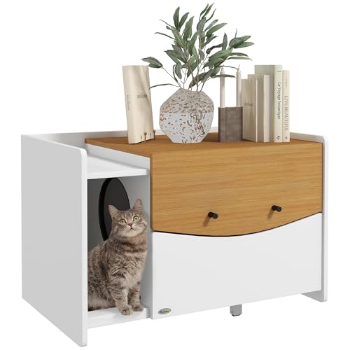 PawHut Katzenschrank für Katzentoilette, Katzenklo Schrank mit ausziehbarem Schrank, Streuauffangmatte, Katzenhaus für Indoor, 78 x 50 x 51 cm, Eiche von PawHut