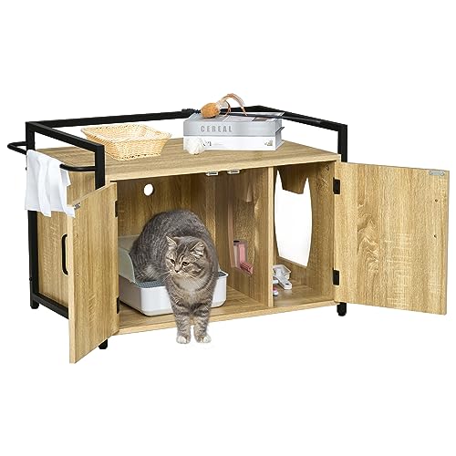 PawHut Katzenschrank für Katzentoilette Katzenklo Beistelltisch Katzenhaus Katzenkommode Schrank Natur 82,3 x 51 x 54 cm von PawHut