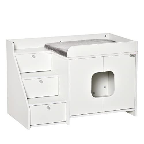 PawHut Katzenschrank für katzentoilette Katzenklo mit 3 Stufen der Treppe Katzenhaus Katzenhöhlen Katzenschrank für Katzenbett mit Türöffnung Weiß 90 x 48 x 59 cm von PawHut