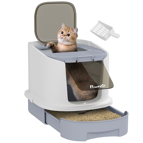 PawHut Katzentoilette, geschlossene Katzentoilette mit lichtdurchlässiger Tür, Schaufel, 2 Beutel mit Lufterfrischer, 2 EIN- und Ausstiegsoptionen, grau von PawHut