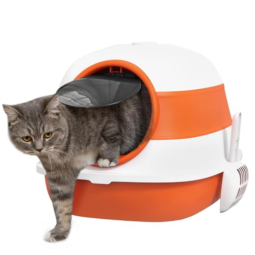 PawHut Katzentoilette mit Deckel, zusammenklappbares Katzenklo inkl. Deodorant, Bodengitter und Streuschaufel, Groß für Katzen bis 5 kg, Weiß+Orange, 52 x 41 x 38 cm von PawHut