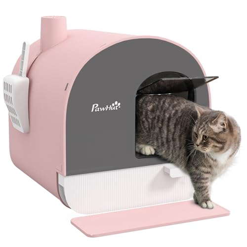 PawHut Katzentoilette mit Deckel, Katzenklo inkl. Schaufel und Streu-Matte, Ausziehbares Tablett, Katzenklo für Katzen bis 5 kg, Rosa, 43 x 44 x 47 cm von PawHut