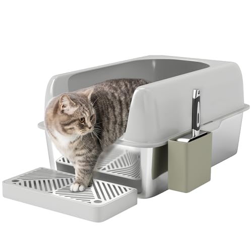 PawHut Katzenklo Edelstahl XXL 60x40x30 cm Katzentoilette mit Schaufel Katzenstreumatte Katzentoilette mit Aufbewahrungsbox Katze Toilettenhaus für Indoor Hellgrau von PawHut