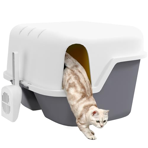 PawHut Katzentoilette mit Deckel, Katzenklo mit Sieb, Schaufel, geschlossen Katze Toilettenhaus für kleine Katze unter 3,5 kg, Indoor, Kunststoff, Cremeweiß von PawHut