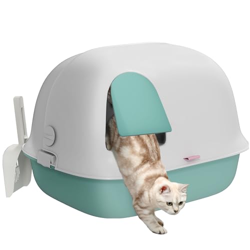 PawHut Katzentoilette mit Deckel, Katzenklo mit Sieb, Tür, Schaufel, geschlossen Katze Toilettenhaus für kleine Katze unter 3,5 kg, Indoor, Kunststoff, Grün von PawHut