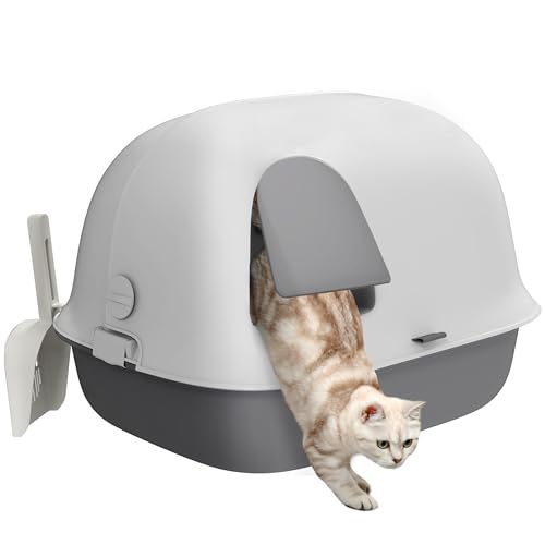 PawHut Katzentoilette mit Deckel, Katzenklo mit Sieb, Tür, Schaufel, geschlossen Katze Toilettenhaus für kleine Katze unter 3,5 kg, Indoor, Kunststoff, Hellgrau von PawHut